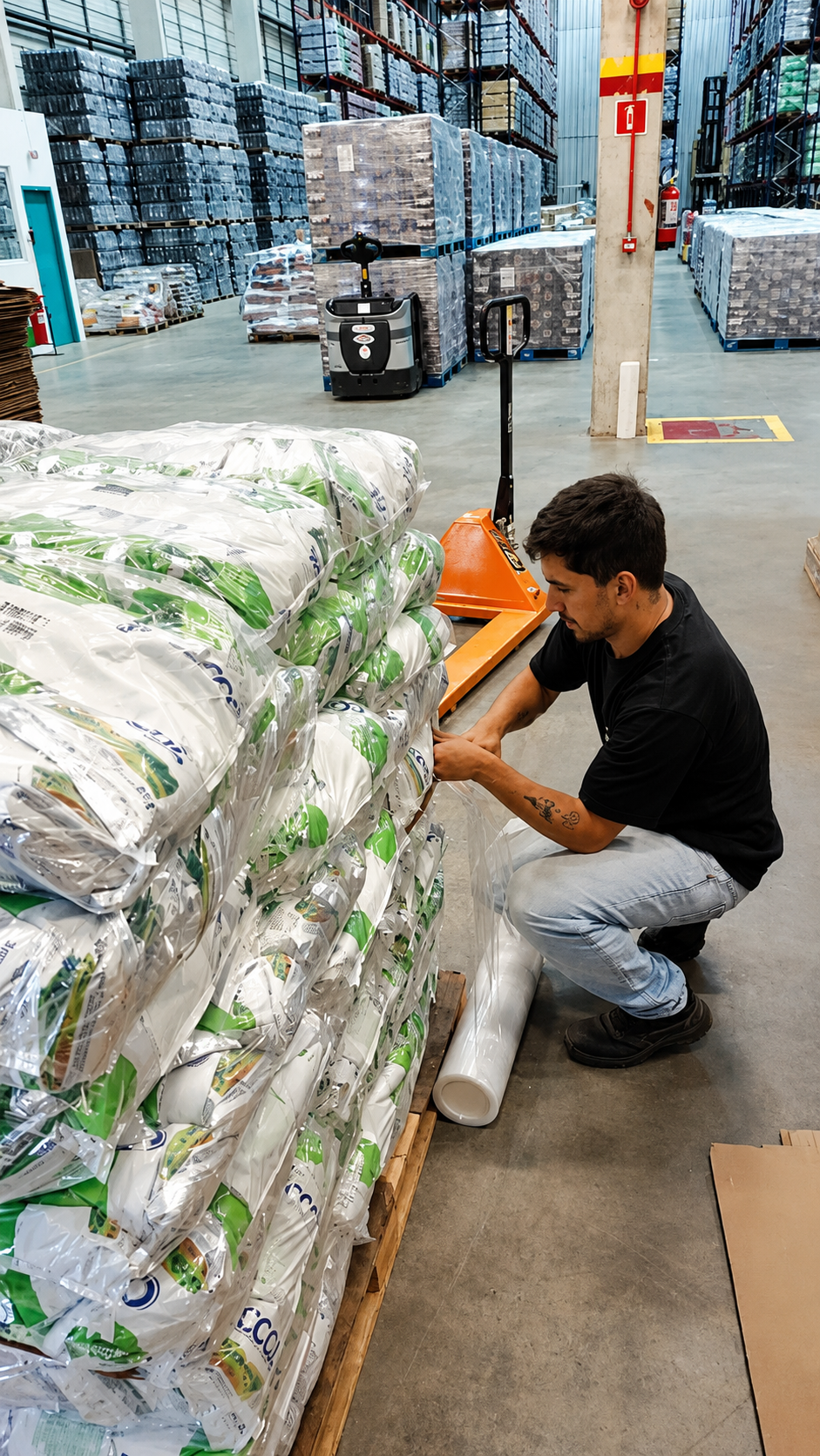 Profissional da PKJ realizando paletização e envolvimento de mercadorias